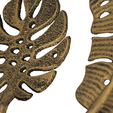 Set of 3 Cast Iron Gold Tropical Leaf Decorative Wall Hooks Towel Hanger Rack