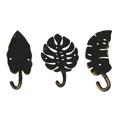 Set of 3 Cast Iron Gold Tropical Leaf Decorative Wall Hooks Towel Hanger Rack