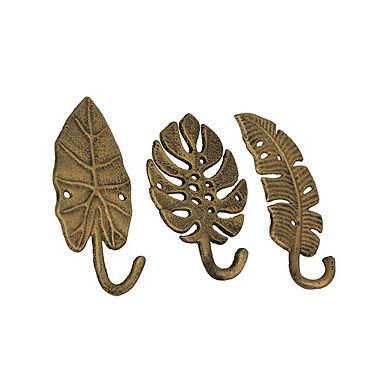 Set of 3 Cast Iron Gold Tropical Leaf Decorative Wall Hooks Towel Hanger Rack