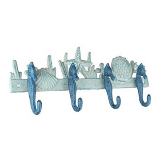 Cast Iron Coastal Blue and White Seahorse Sea Life Decorative Wall Hook Rack