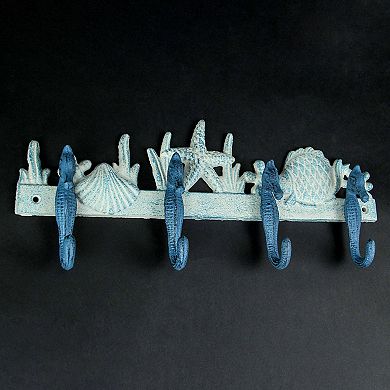 Cast Iron Coastal Blue and White Seahorse Sea Life Decorative Wall Hook Rack