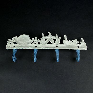 Cast Iron Coastal Blue and White Seahorse Sea Life Decorative Wall Hook Rack
