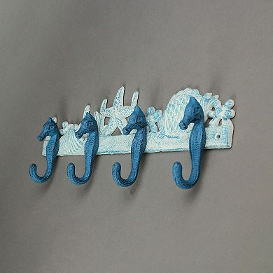 Cast Iron Coastal Blue and White Seahorse Sea Life Decorative Wall Hook Rack