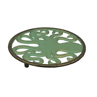 Cast Iron Trivet Set: Nautical Octopus & Sea Turtle Design, Verdigris Finish