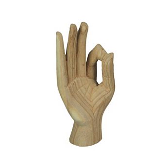 Carved Wooden A-OK Hand Gesture Statue Natural Finish 8 in High
