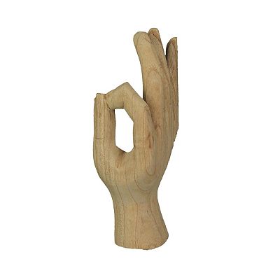 Carved Wooden A-OK Hand Gesture Statue Natural Finish 8 Inches High