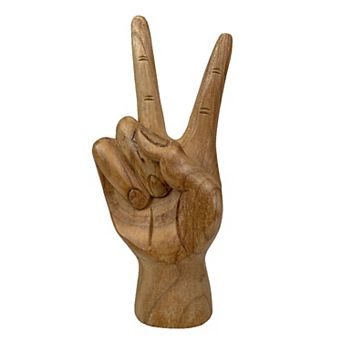 Carved Wooden Peace Sign Hand Gesture Statue Natural Finish 7.75 in High