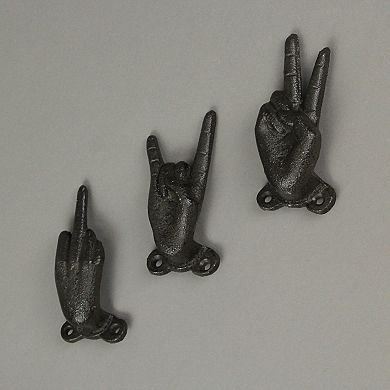 Set of 3 Cast Iron Hand Gesture Decorative Wall Hooks Key Towel Hanger Decor