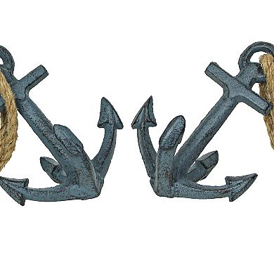Set of 2 Blue Cast Iron Ship Anchor Bookends Nautical Home Decor Sculptures
