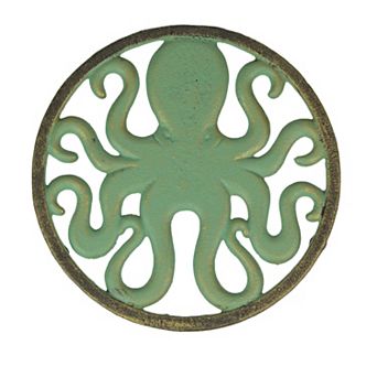 Cast Iron Octopus Trivet Verdigris/Bronze, 7.75", Heat-Resistant Nautical Art