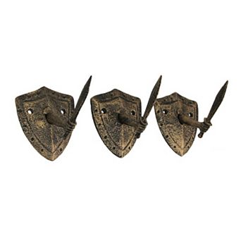 Cast Iron Bronze Sword & Shield Decorative Wall Hooks Towel Hanging Set of 3