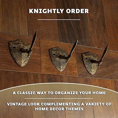 Cast Iron Bronze Sword & Shield Decorative Wall Hooks Towel Hanging Set of 3