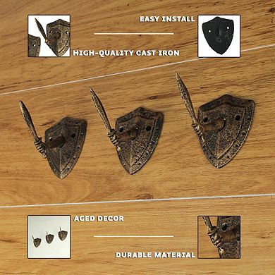 Cast Iron Bronze Sword & Shield Decorative Wall Hooks Towel Hanging Set of 3