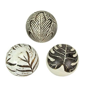 Set of 3 Whitewashed Carved Tropical Leaf Solid Wood Decor Balls