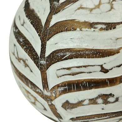 Set of 3 Whitewashed Carved Tropical Leaf Solid Wood Decor Balls