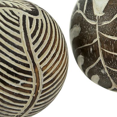 Set of 3 Whitewashed Carved Tropical Leaf Solid Wood Decor Balls