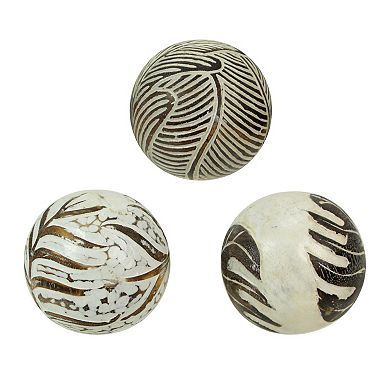 Set of 3 Whitewashed Carved Tropical Leaf Solid Wood Decor Balls