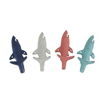 4 pc Distressed Finish Cast Iron Shark Wall Hook Set Coastal Beach Colors