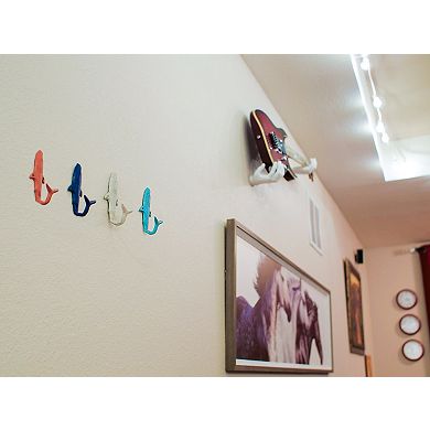 4 Piece Distressed Finish Cast Iron Shark Wall Hook Set Coastal Beach Colors