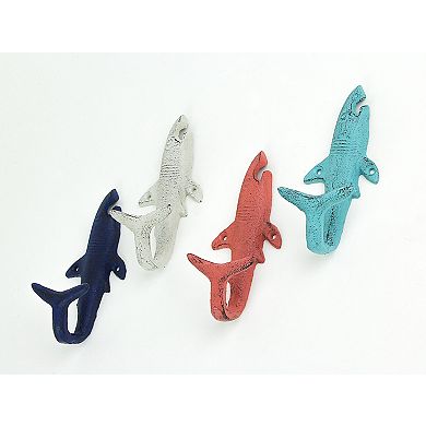 4 Piece Distressed Finish Cast Iron Shark Wall Hook Set Coastal Beach Colors