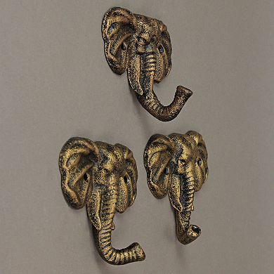 4 Inch Cast Iron Elephant Antique Gold Decorative Wall Hooks Coat Towel Set of 3