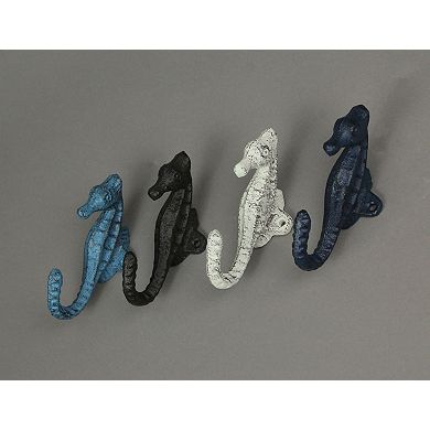 Set of 4 Colorful Coastal Cast Iron Seahorse Decorative Wall Hooks 5 inch