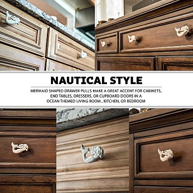 Set of 6 White Painted Cast Iron Mermaid Drawer Pull Rustic Furniture Decor Knob