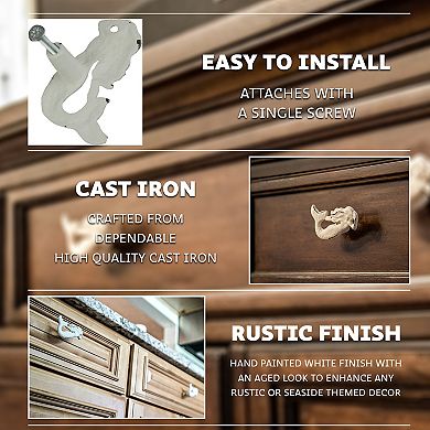 Set of 6 White Painted Cast Iron Mermaid Drawer Pull Rustic Furniture Decor Knob