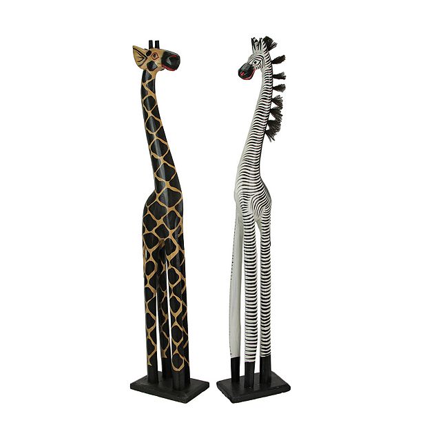 Set of 2 Hand Carved and Painted 36 Inch High Wooden Giraffe and