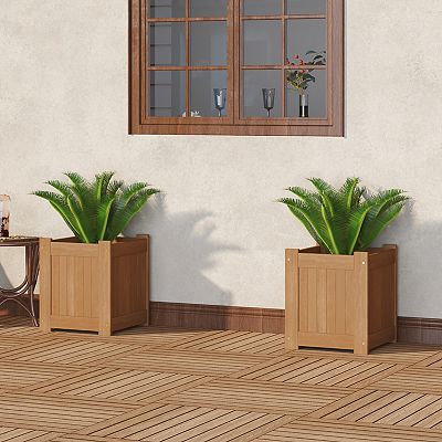Furinno Outdoor Square Planter Stand Flower Box, Compact Meranti
