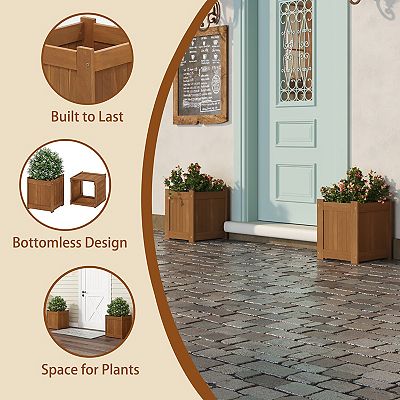 Furinno Outdoor Square Planter Stand Flower Box, Compact Meranti