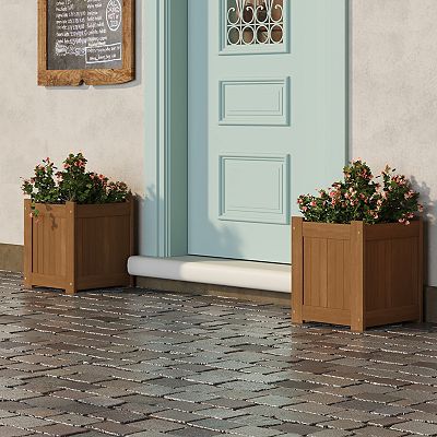 Furinno Outdoor Square Planter Stand Flower Box, Compact Meranti