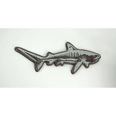 33 Inch Distressed Wood Shark Wall Hook Rack Metal Accents Ocean Art Sculpture