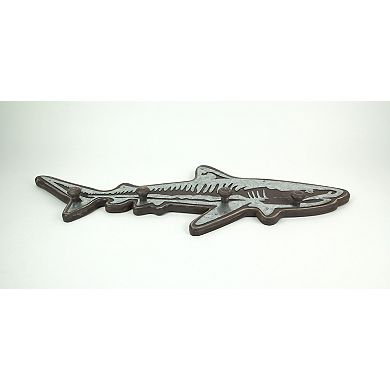 33 Inch Distressed Wood Shark Wall Hook Rack Metal Accents Ocean Art Sculpture
