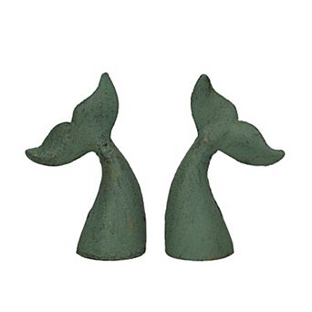 Set of 2 Verdigris Cast Iron Whale Tail Bookends Nautical Home Decor Bookshelf