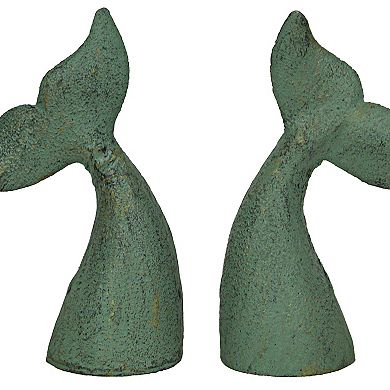 Set of 2 Verdigris Cast Iron Whale Tail Bookends Nautical Home Decor Bookshelf