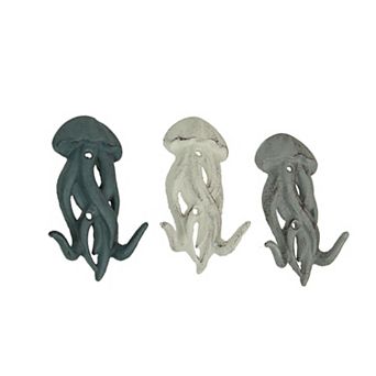 Set of 3 Cast Iron Jellyfish Wall Hooks 5 in High - Blue , Gray, White