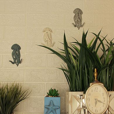 Set of 3 Cast Iron Jellyfish Wall Hooks 5 Inches High - Blue , Gray, White