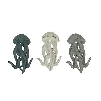 Set of 3 Cast Iron Jellyfish Wall Hooks 5 Inches High - Blue , Gray, White