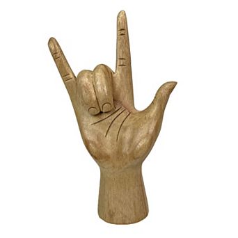 Carved Wooden Sign Language I Love You Hand Gesture Statue 7.75 in High