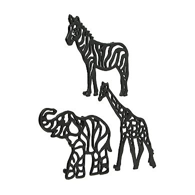 Set of 3 Black Cast Iron Safari Animal Kitchen Decor Trivets Wall Hanging Art