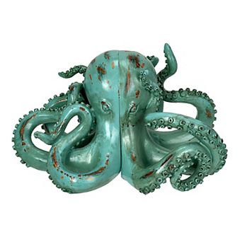 Aqua Green Octopus Bookends Set of 2 Nautical Polyresin Coastal Shelf Decor