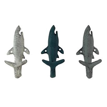 Set of 3 Shark Wall Hooks in Blue, Gray, White Perfect for Nautical Themes