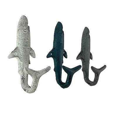 Set of 3 Shark Wall Hooks in Blue, Gray, White Perfect for Nautical Themes