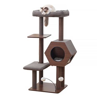 PetPals® Wagon 2.0 5-Level 37” Mid-Century Modern Cat Tree with Hexagon Condo, Recycled Scratchers,