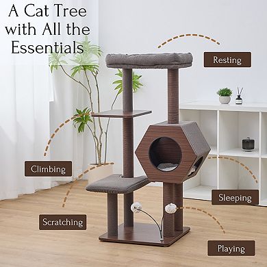 PetPals® Wagon 2.0 5-Level 37” Mid-Century Modern Cat Tree with Hexagon Condo, Recycled Scratchers,