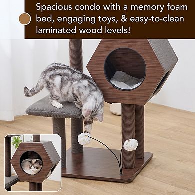 PetPals® Wagon 2.0 5-Level 37” Mid-Century Modern Cat Tree with Hexagon Condo, Recycled Scratchers,