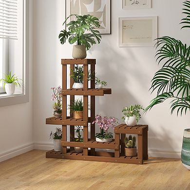 Furinno Multi-Level Outdoor Plant Stand Flower Shelf, Tiered Meranti Display