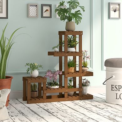 Furinno Multi-Level Outdoor Plant Stand Flower Shelf, Tiered Meranti Display