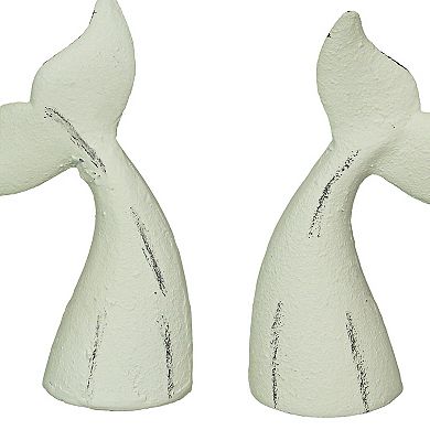 Set of 2 White Cast Iron Whale Tail Bookends Nautical Home Decor Bookshelf